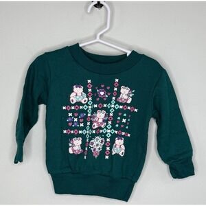 Vtg Toddler Girls Teddy Bears Green Geometric Puff Print Crew Neck Sweater 2T